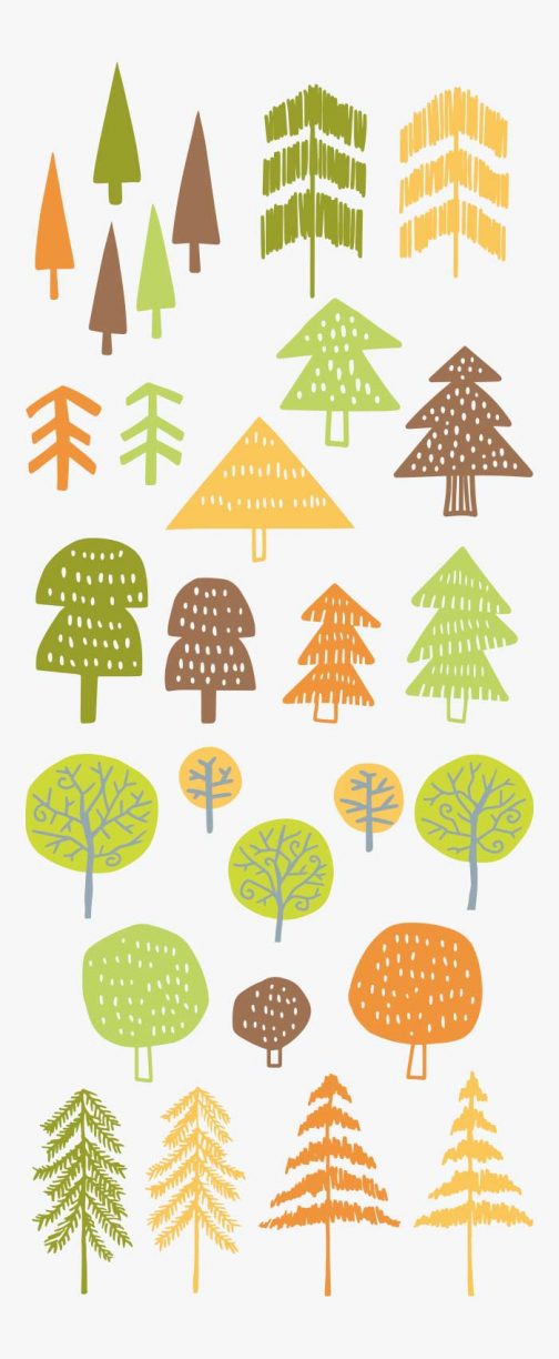 Zestaw skandynawskich drzew, które kolorują cztery pory roku / Rysunek