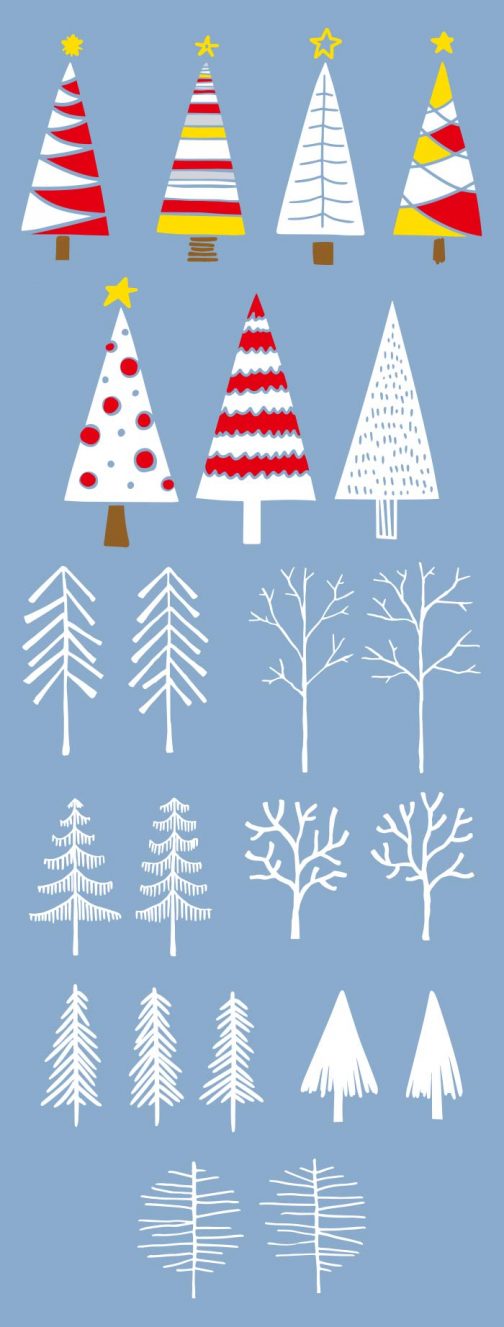 Set aus skandinavischem Weihnachtsbaum und Winterbaum / Zeichnung