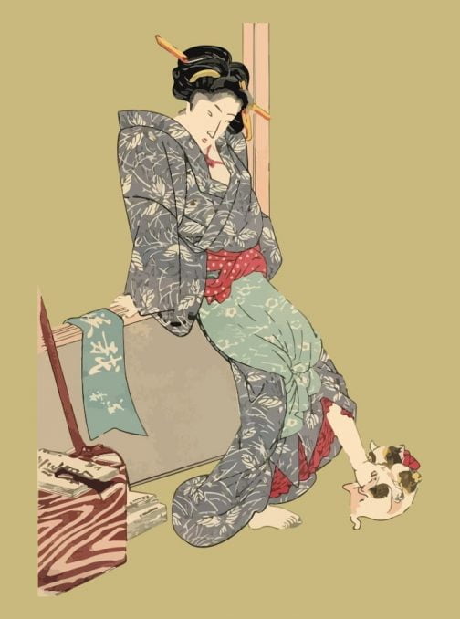 หญิงชุดกิโมโนกับแมว ภาพอุกิโยะญี่ปุ่น โดย อุตางาวะ คุนิโยชิ