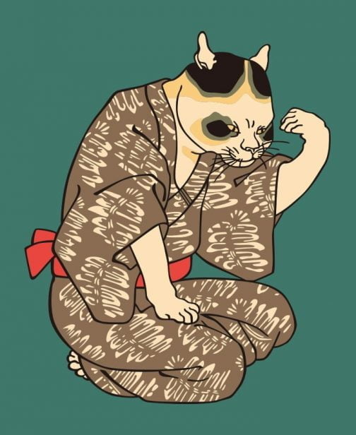 Кошка в кимоно в стиле укиё-э работы Утагавы Куниёси