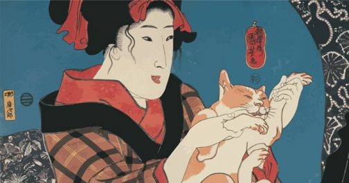 Женщина в кимоно с кошкой Японское укиё-э работы Утагавы Куниёси