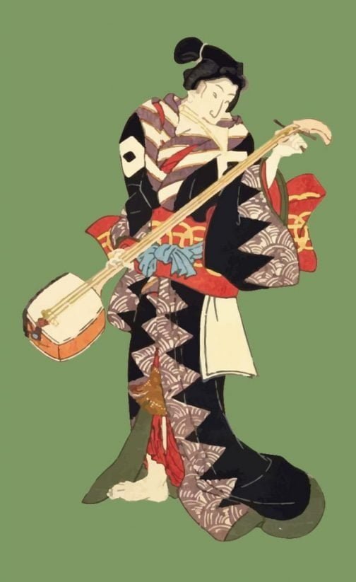 Signora in kimono con shamisen giapponese Ukiyo-e di Utagawa Kuniyoshi