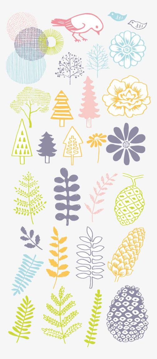 Conjunto de plantas escandinavas (con pájaros) / Dibujo
