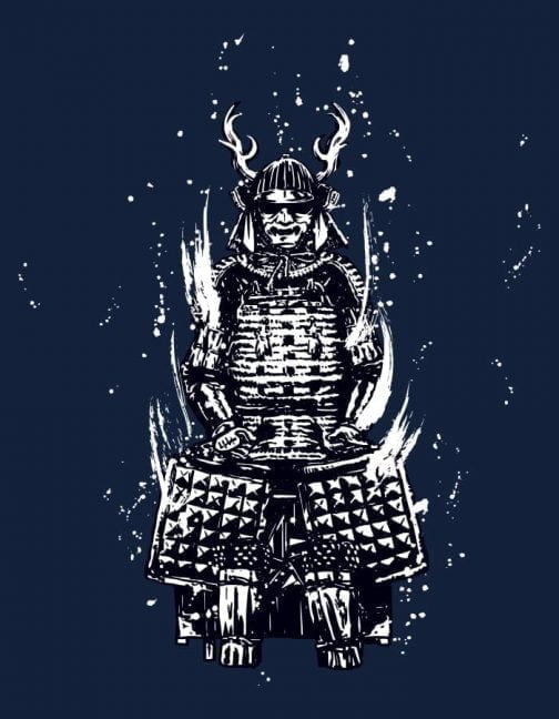 Totaalbeeld van samurai die wapenrusting draagt / Tekening