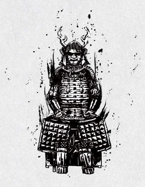 Totaalbeeld van samurai die wapenrusting draagt / Tekening
