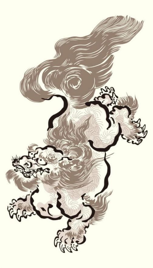 Leone che danza con una peonia / Ukiyo-e giapponese di Utagawa Toyokuni