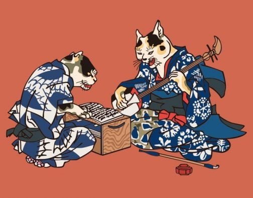 Kat oefent shamisen / Japanse Ukiyo-e door Utagawa Kuniyoshi