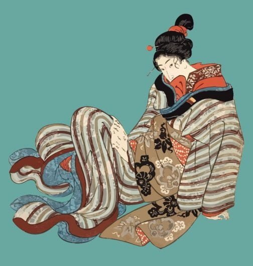 उटागावा कुनियोशी द्वारा किमोनो महिला जापानी पुरानी कला
