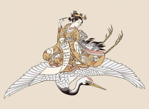 Donna in kimono a cavallo di una gru volante / Ukiyo-e giapponese di Suzuki Harunobu