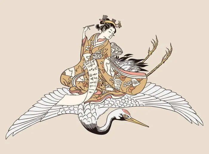 鶴に乗る着物の女性 / 鈴木春信の浮世絵 / イラスト | ai illustrator 