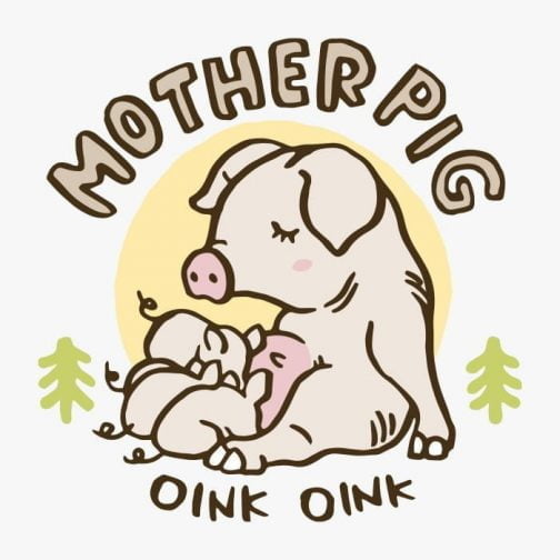 Moedervarken dat borsten geeft aan een biggetje / Tekening