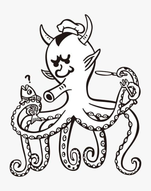 Дьявольский осьминог Шеф-повар готовит рыбу