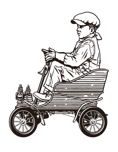 Junge fährt mit einem antiken Spielzeugauto / Zeichnung