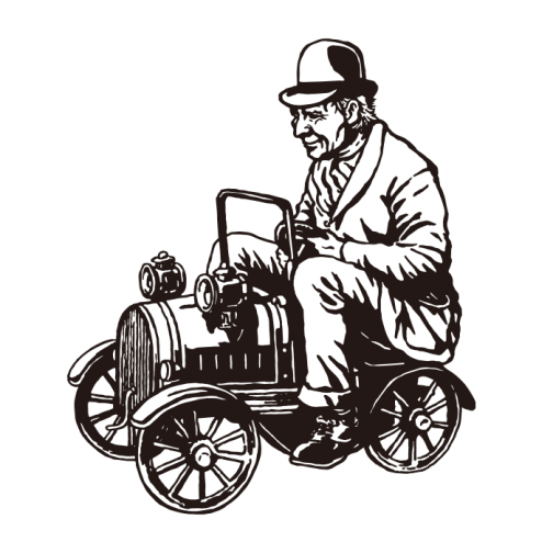 Oude mens die een antieke stuk speelgoed auto berijden/Tekening