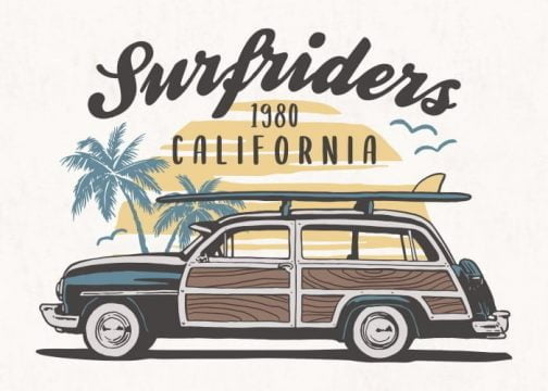 Old car with surfboard / Drawing