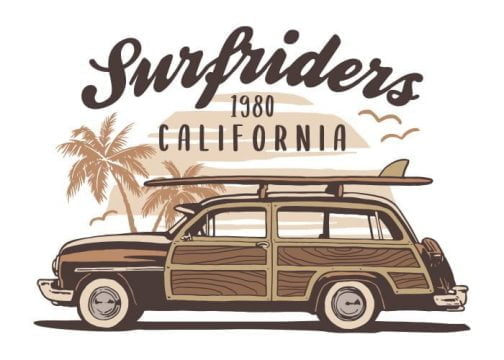 Old car with surfboard / Drawing