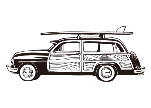 Altes Auto mit Surfbrett / Zeichnung