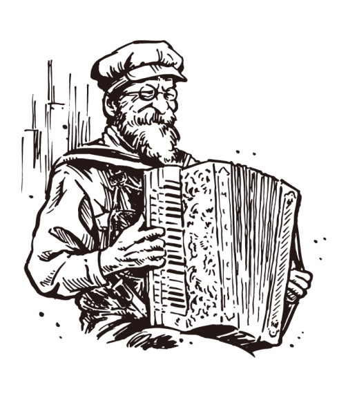 Alter Mann spielt Akkordeon / Zeichnung / Skizze