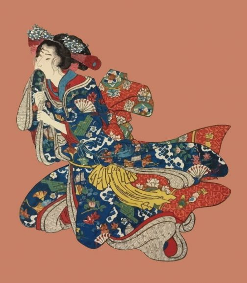 Кимоно дамы Японское укиё-э работы Утагавы Куниёси