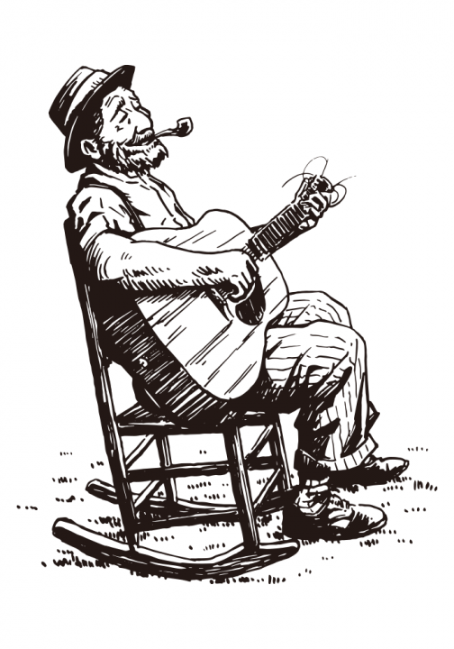 رجل كبير في السن يلعب الجيتار في كرسي متأرجح / رسم / اسكتش