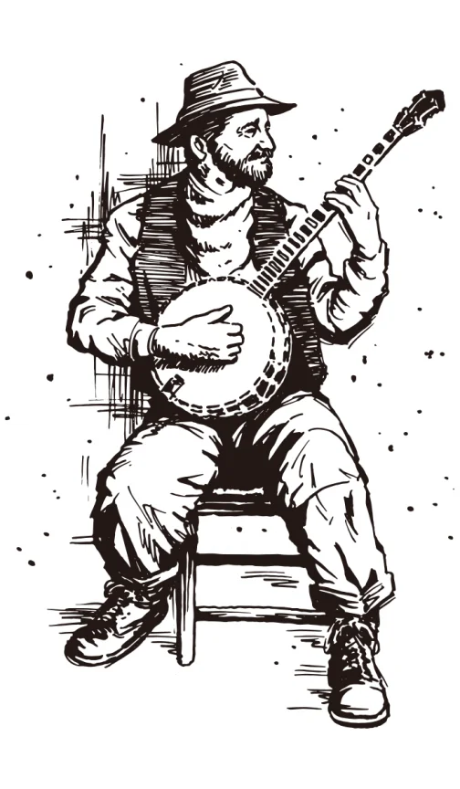 Middle-aged man playing a banjo / Drawing / Sketch