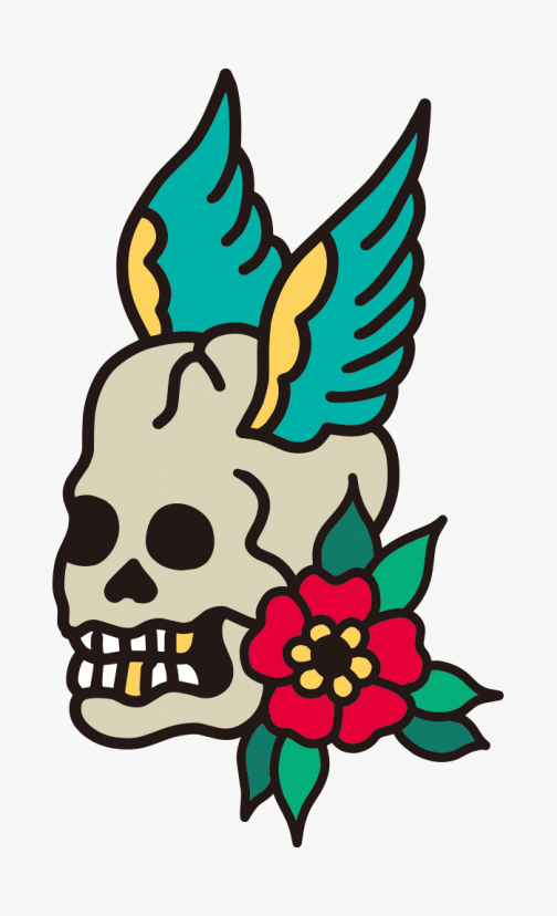 جمجمة مجنحة وفاوانيا / رسم تقليدي أمريكي