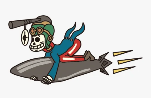 Cible en vue ! Le squelette chevauche le missile / Dessin