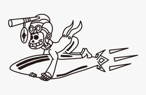 Cible en vue ! Le squelette chevauche le missile / Dessin