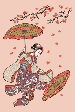 Folhas de Outono e Mulheres Japonesas Ukiyo-e de Suzuki Harunobu