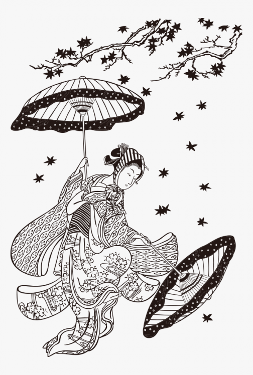 紅葉と女性-日本の浮世絵-鈴木春信著-イラスト