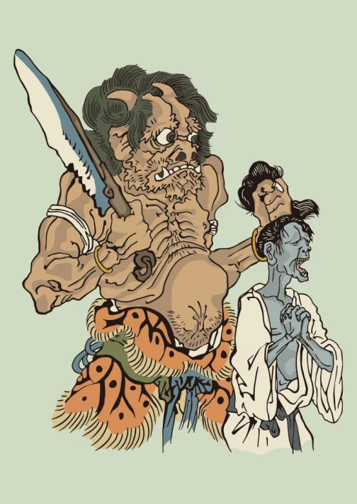 Oni japonês do Inferno - Desenho Ukiyoe de Kawanabe Kyosai