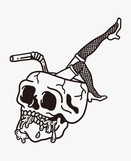 Een kop met schedels en de benen van een vrouw - Tekening