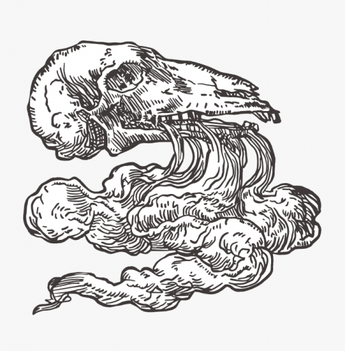Retro cult ritualistic drawing - Smoke drifts from animal skeletons