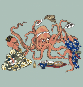 Trois pieuvres profitant d'un festin - Ukiyo-e japonais de Kuniyoshi