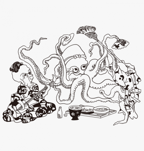 Three octopuses enjoying a feast - Japanese Ukiyo-e by Kuniyoshi