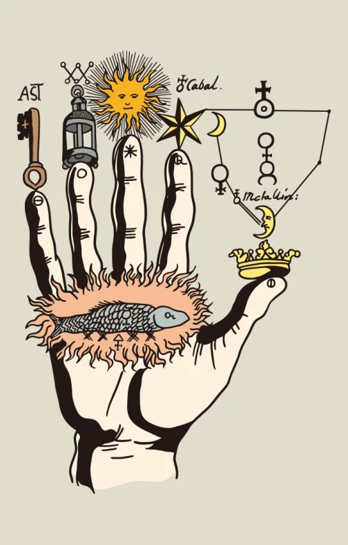Mano mágica con símbolos antiguos - dibujo