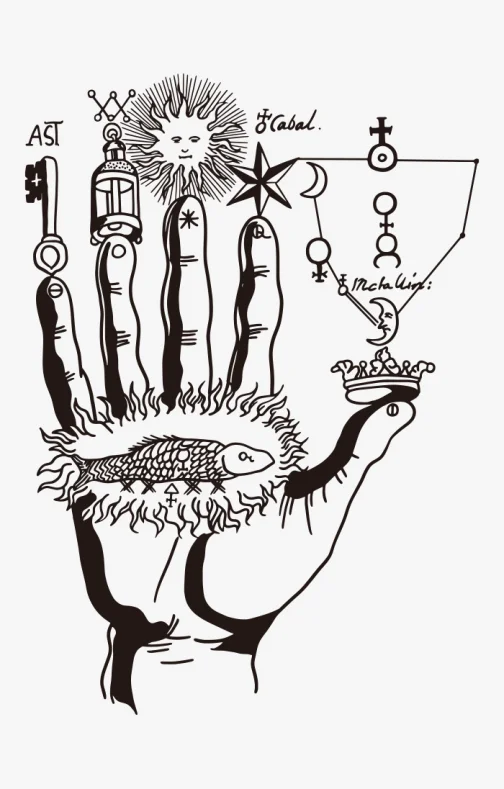 Mano mágica con símbolos antiguos - dibujo