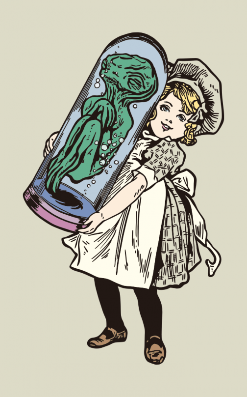 Alien in formaldehyde and a baker's girl - illustration