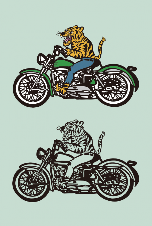 मोटरसाइकिल पर बाघ - चित्रण