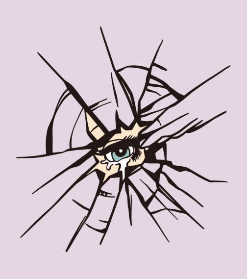 Os olhos de uma mulher através de um vidro partido - Desenho