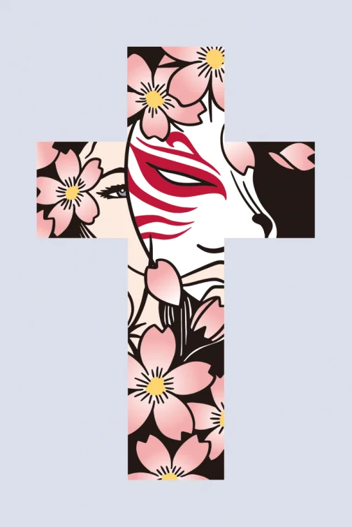Maschera di volpe giapponese con fiori di ciliegio - Illustrazione