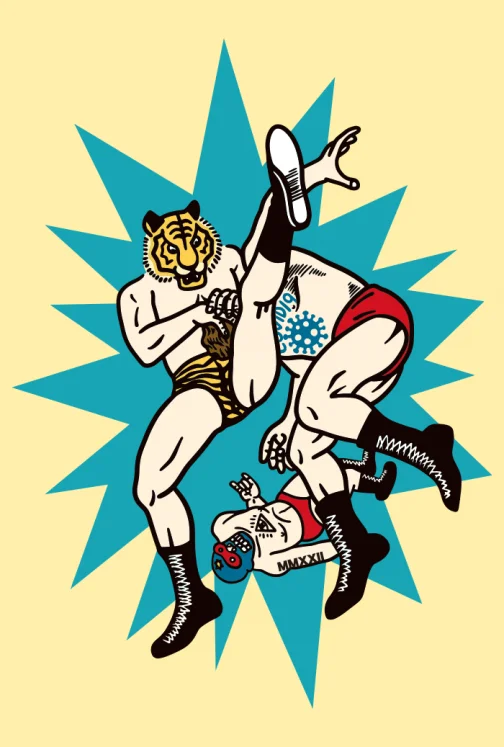 O herói (tigre) derrota o mau da fita (Covid-19)