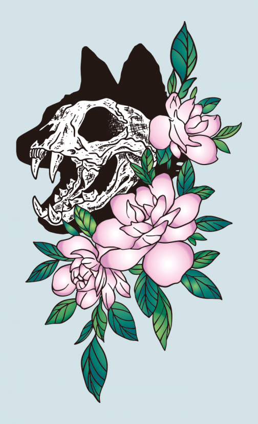 Skeleton cat and flowers drawing