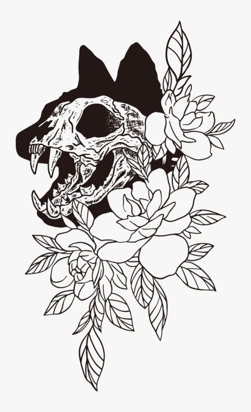 Skeleton cat and flowers drawing