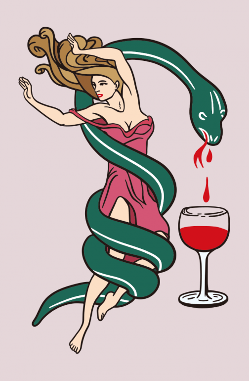 Snake sucking a woman's blood - illustration