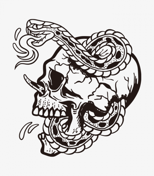 Disegno tradizionale americano di teschio e serpenti