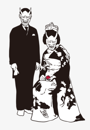 般若のお面をした新婚夫婦
