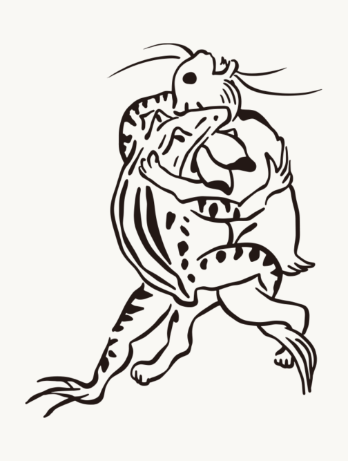 Rabbit and Frog Wrestling 01 - Animal-person Caricatures