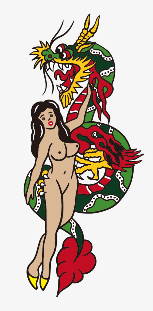 Dragon with girl / American retro / illustration