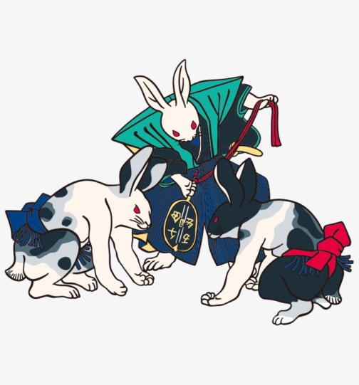 Ukiyoe of Rabbit "Rabbit Sumo" / Utagawa Yoshifuji